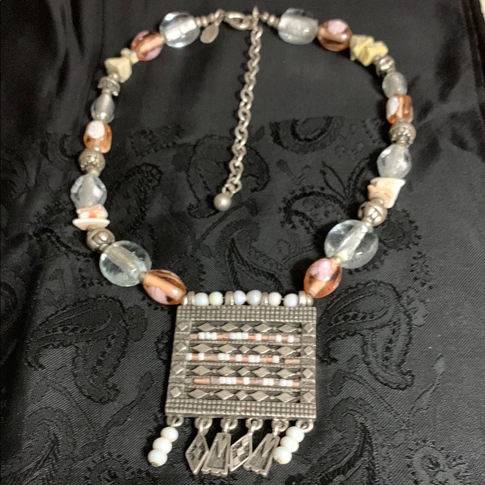 Chico’s Chunky Necklace with Glass Beads, Shells, Pearls and Silver Accents